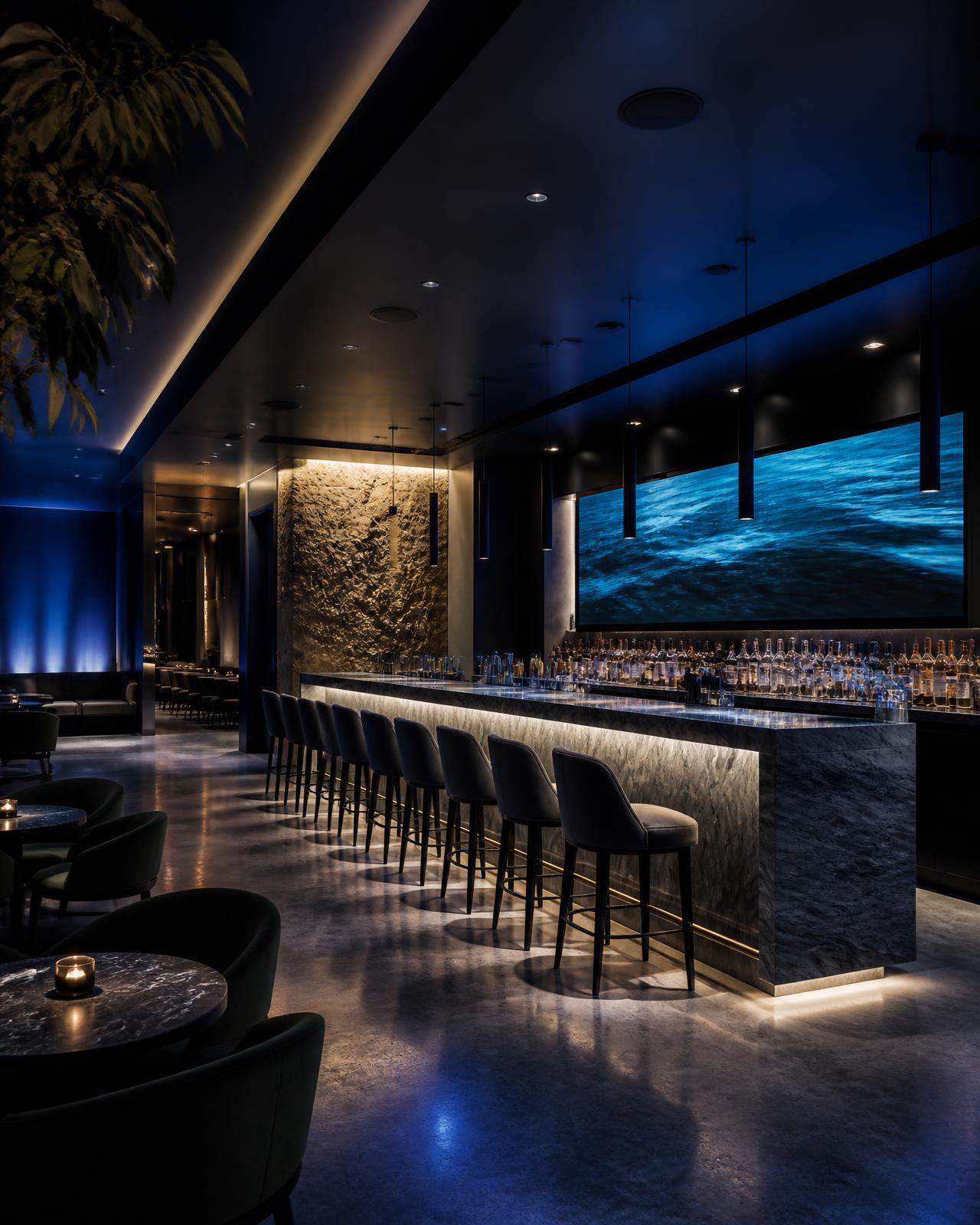 Dark upscale restaurant bar at night with distributed ceiling speakers and a large display