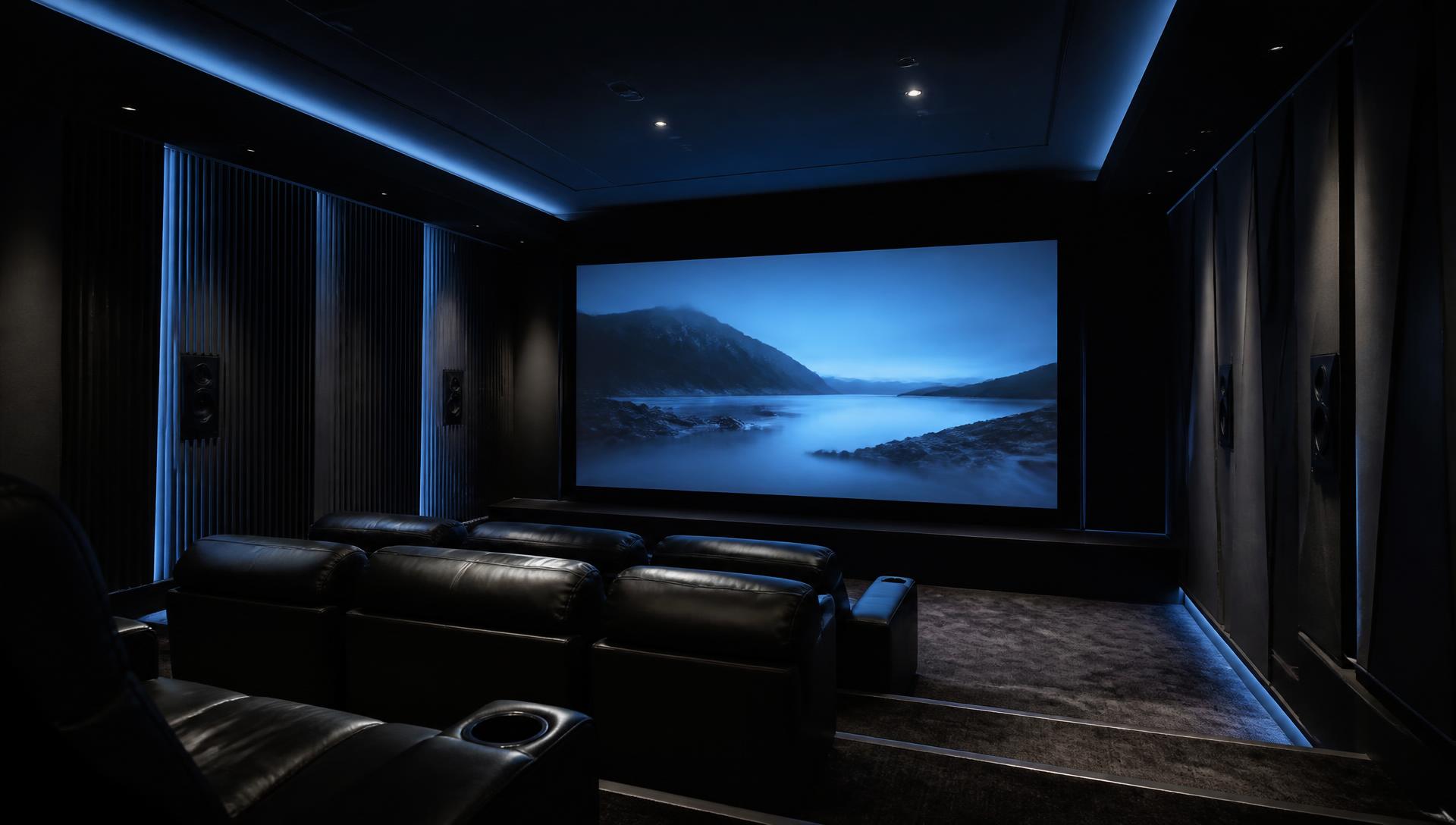 Dark luxury home theatre with tiered seating, a large projection screen and in-wall speakers