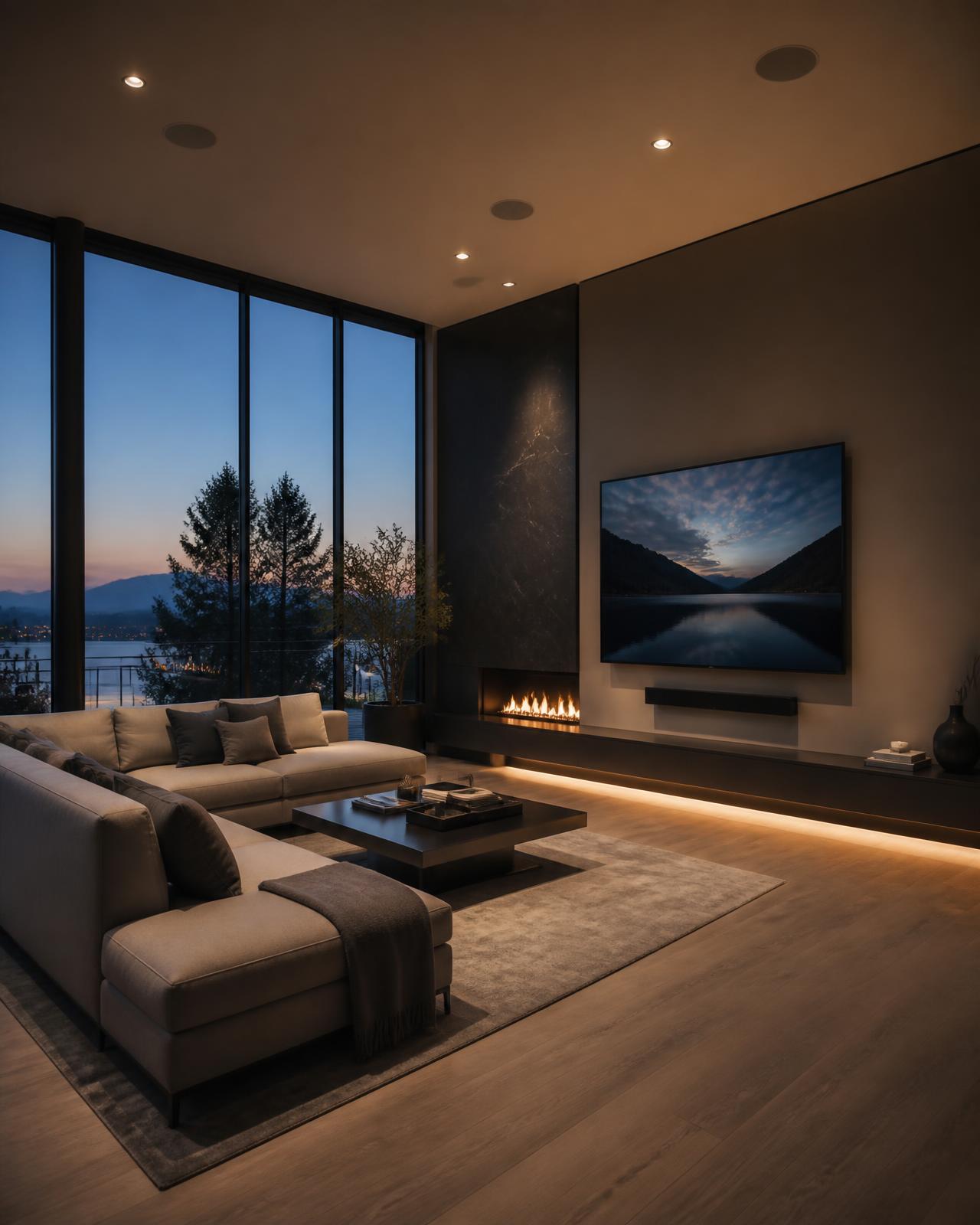 Modern living room at dusk with a wall-mounted television and flush in-ceiling speakers